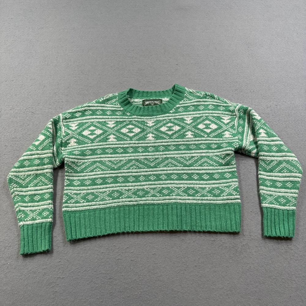 American Eagle Boxy Sweater Women's Small Green Fair Isle Knit Cropped Crewneck